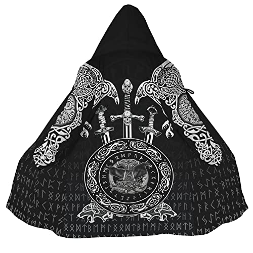 WSXJJ Odin Raven Herren Wikinger Kapuzen Mantel, Umhang Nordischem Kaschmir Imitat 3D Gedruckter Mantel Winter Mittlere Länge Parka Jacke,Raven Mjolnir,3XL von WSXJJ