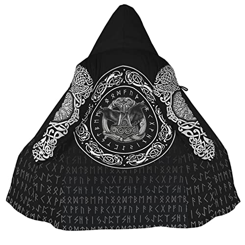 WSXJJ Odin Raven Herren Wikinger Kapuzen Mantel, Umhang Nordischem Kaschmir Imitat 3D Gedruckter Mantel Winter Mittlere Länge Parka Jacke,Thor Hammer,3XL von WSXJJ