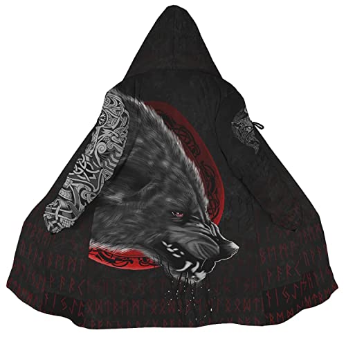 WSXJJ Wikinger Fenrir Tattoo Herren Kapuzenmantel, 3D Bedruckter Nordischer Kaschmir Imitat Mantel Mittellanger Parka Winterjacke,Viking Fenrir,M von WSXJJ