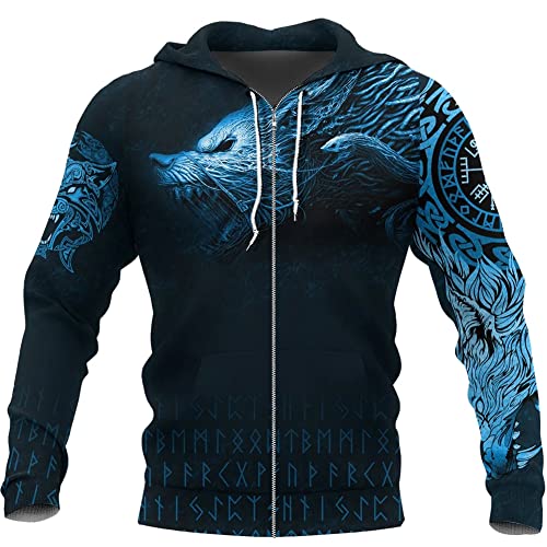 WSXJJ Wikinger Fenrir Wolf Mit Kapuze Sweatshirt für Männer, 3D Pullover Langarm Hoodie Beiläufige Nordische Kleidung Cosplay Jacke,Blue Fenrir Zip Hoodie,3XL von WSXJJ