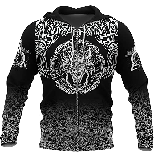 WSXJJ Wikinger Fenrir Wolf Mit Kapuze Sweatshirt für Männer, 3D Pullover Langarm Hoodie Beiläufige Nordische Kleidung Cosplay Jacke,Fenris Zip Hoodie,XL von WSXJJ