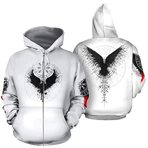 WSXJJ Wikinger Odin Tattoo Hoodie für Herren, 3D Gedruckter Nordischer Freizeit Sweatshirt Pullover Übergroße Harajuku Jacke,Raven Vegvisir Zipper,3XL von WSXJJ