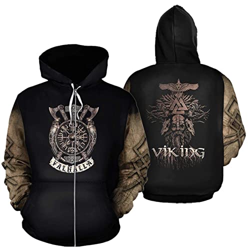 WSXJJ Wikinger Odin Tattoo Hoodie für Herren, 3D Gedruckter Nordischer Freizeit Sweatshirt Pullover Übergroße Harajuku Jacke,Valhalla Zipper,4XL von WSXJJ