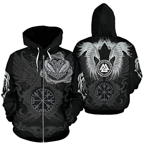 WSXJJ Wikinger Odin Tattoo Hoodie für Herren, 3D Gedruckter Nordischer Freizeit Sweatshirt Pullover Übergroße Harajuku Jacke,Vegvisir Zipper,3XL von WSXJJ