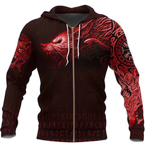 WSXJJ Wikinger Odin Thor Hammer Tattoo Hoodie für Männer, 3D Gedrucktes Nordisches Lässiges Sweatshirt Straßenpullover Herbstjacke,Fenrir Wolf Zip Hoodie,XL von WSXJJ