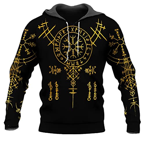 WSXJJ Wikinger Tattoo Sweatshirt für Herren, Nordischer Odin Hoodie Pullover mit 3D Druck Frühling Freizeitjacke,Helm of awe Hoodie,S von WSXJJ