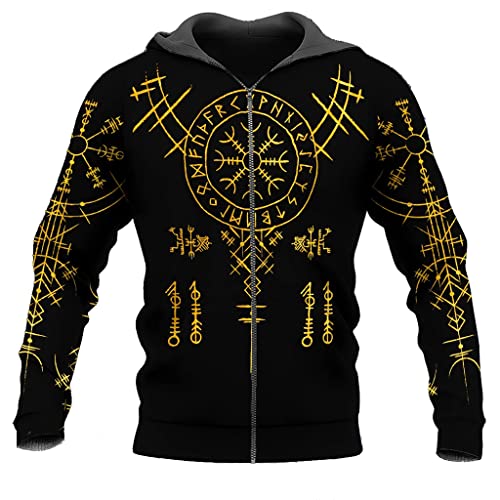 WSXJJ Wikinger Tattoo Sweatshirt für Herren, Nordischer Odin Hoodie Pullover mit 3D Druck Frühling Freizeitjacke,Helm of awe Zipper,XL von WSXJJ