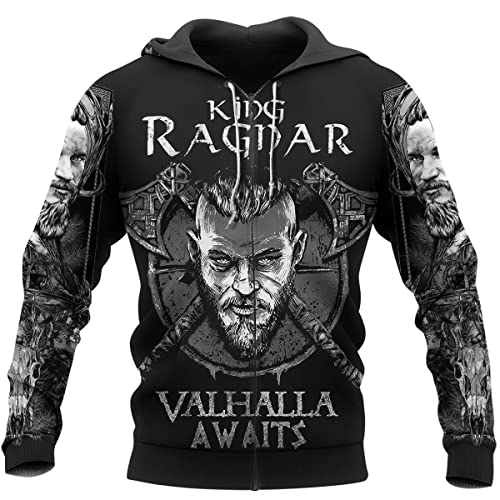 WSXJJ Wikinger Tattoo Walhalla Herren Sweatshirt, Nordischer Krieger Totenkopf Hoodie 3D Hemd Freizeitpullover Jacke Geschenk,King Ragnar Zipper,3XL von WSXJJ