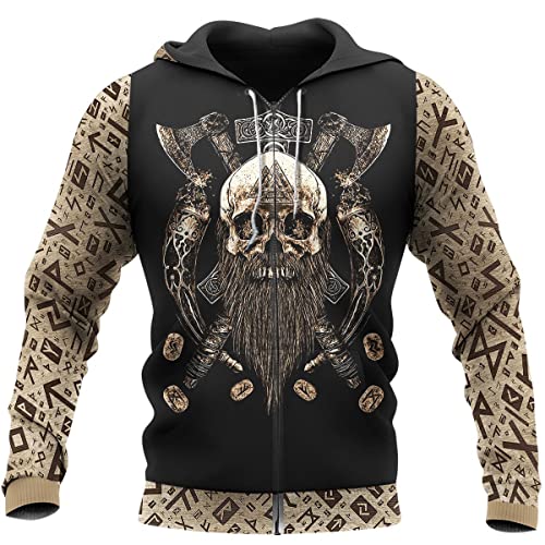 WSXJJ Wikinger Tattoo Walhalla Herren Sweatshirt, Nordischer Krieger Totenkopf Hoodie 3D Hemd Freizeitpullover Jacke Geschenk,Skull Vegvisir Zipper,3XL von WSXJJ