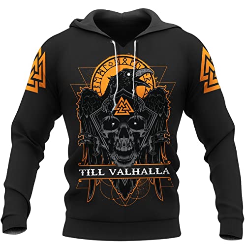 WSXJJ Wikinger Tattoo Walhalla Herren Sweatshirt, Nordischer Krieger Totenkopf Hoodie 3D Hemd Freizeitpullover Jacke Geschenk,Till Valhalla Hoodie,4XL von WSXJJ