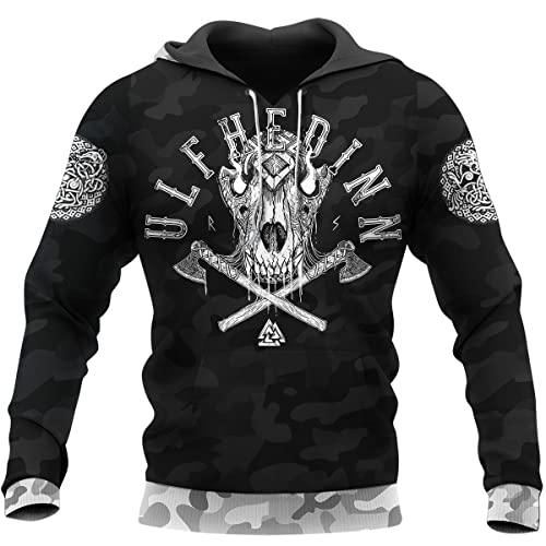 WSXJJ Wikinger Tattoo Walhalla Herren Sweatshirt, Nordischer Krieger Totenkopf Hoodie 3D Hemd Freizeitpullover Jacke Geschenk,Ulfhedinn Hoodie,XXL von WSXJJ