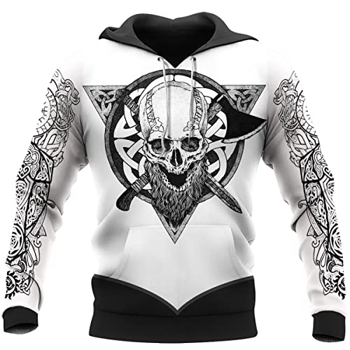 WSXJJ Wikinger Tattoo Walhalla Herren Sweatshirt, Nordischer Krieger Totenkopf Hoodie 3D Hemd Freizeitpullover Jacke Geschenk,Viking Skull Hoodie,XXL von WSXJJ