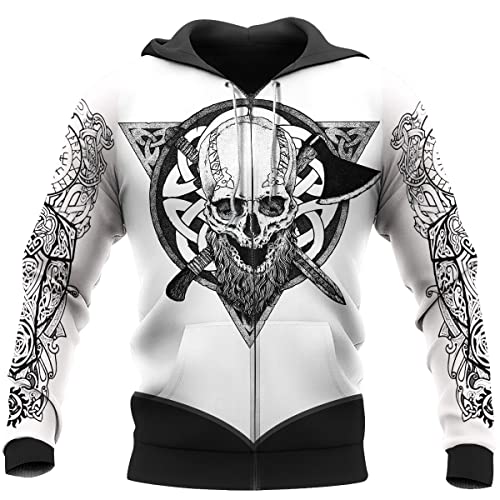 WSXJJ Wikinger Tattoo Walhalla Herren Sweatshirt, Nordischer Krieger Totenkopf Hoodie 3D Hemd Freizeitpullover Jacke Geschenk,Viking Skull Zipper,XXL von WSXJJ