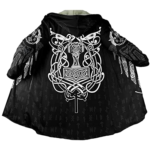 Wikinger Tattoo Kaschmir Mantel mit Kapuze für Herren, 3D Druck Umhang Nordischen Mythologie Winter Warmer Parka Mantel,Mjolnir,M von WSXJJ