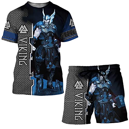 Wikinger Tattoo T-Shirt Herren Shorts Set, 3D Gedruckte Sommer Kurzarm Strandshorts Fitness Badeshorts,Thor Hammer,3XL von WSXJJ