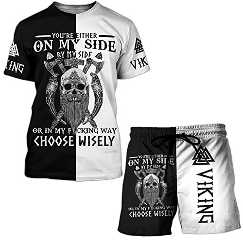 Wikinger Tattoo T-Shirt Herren Shorts Set, 3D Gedruckte Sommer Kurzarm Strandshorts Fitness Badeshorts,Valhalla,3XL von WSXJJ