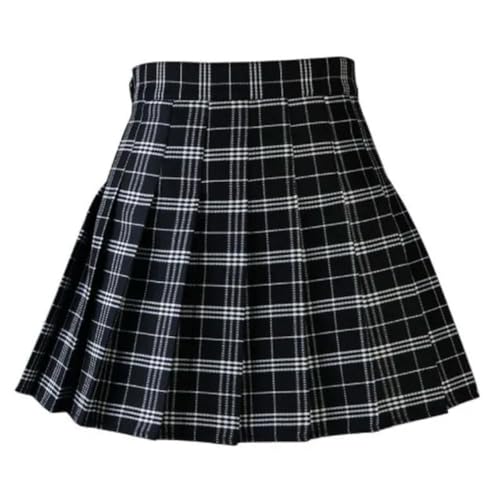 Frauen Casual Plaid Rock Mädchen Hohe Taille Plissee A-Linie Mode Uniform Rock Mit Innen Shorts-Schwarz-M von WSZJLN