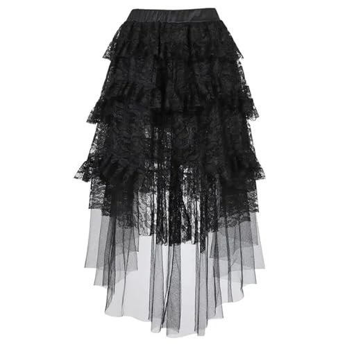 Frauen Sexy Spitze Geschichteten Faltenrock Steampunk Asymmetrische High Low Rüschen Tüll Lange Röcke Schwarz Plus Größe S-6XL-schwarz-XL von WSZJLN