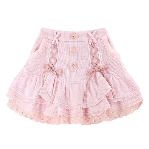 Lolita-Minirock für Damen, japanischer Kawaii-Stil, Winter, Spitze, lässig, elegant, süß, weiblicher Rock, hohe Taille, Bandage, koreanischer Rock, 2022, Y2K-Pink-L von WSZJLN