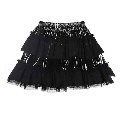 Schwarzer Patchwork-Rock aus PU-Leder und Mesh im dunklen Gothic-Rock-Stil – Schwarz – S von WSZJLN