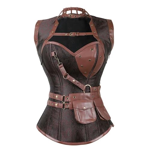 WSZJLN Steampunk Gothic Vintage Kunstleder Korsett Top Burlesque Bustier Dessous Asymmencal Floral Spitzenrock Frauen Sexy Korsett Kleid-2081braun-M von WSZJLN