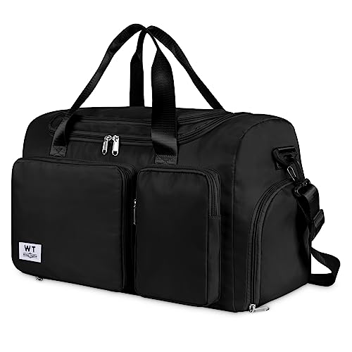 WT Faltbare Reisetasche Sporttasche, 35L Gepäcktasche Große Weekender Urlaubstasche Trainingstasche Handtasche Wasserdicht Sauna Gym Shopping Bag für Herren Damen mit Gepäckanhänger (Schwarz) von WT Wisdom Together