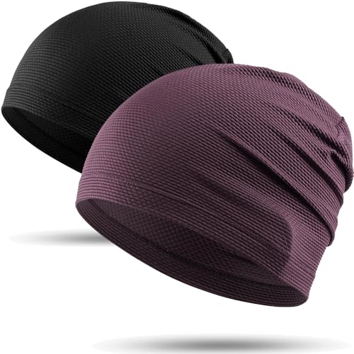 WTACTFUL 2 Stück - Laufmütze Herren und Damen Sportmütze Fahrrad Mütze Skull Cycling Cap Atmungsaktiv für Laufen Radfahren Klettern Motorradfahren Outdoor Kühlende Sommer Beanie Schwarz + Tiefviolett von WTACTFUL
