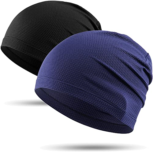 WTACTFUL 2pcs Klassische Leichte läuft Mütze, Damen und Herren, Slouch Beanie Schlafmütze Hat aus atmungsaktivem, Elastisch Schwarz+Blau von WTACTFUL