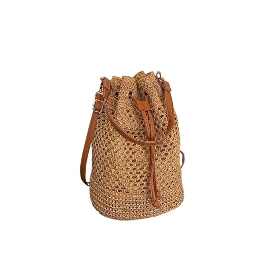 Gewebte Tasche Webtasche Damenmode Eimertasche Sommer Nische Hundert Stroh Strand Einzelne Schulter Umhängetasche(Khaki) von WTAXBH