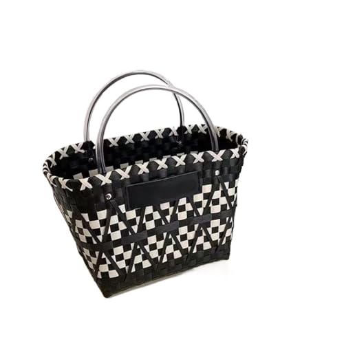 WTAXBH Gewebte Tasche Gewebte Einkaufstasche, große Kapazität, Sommer-Strandtasche, modische Handtasche mit Schachbrettmuster, täglicher Gebrauch der Umhängetasche(Black) von WTAXBH