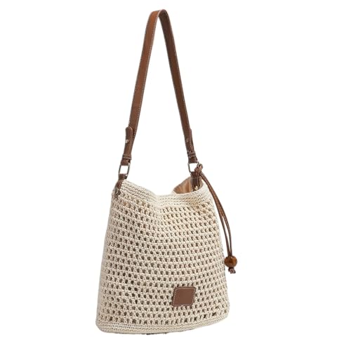 WTAXBH Gewebte Tasche Gewebte aushöhlen Umhängetasche Damen Sommer Strand Tote Casual Sling Bag for Reisen Urlaub(Creamy-white) von WTAXBH