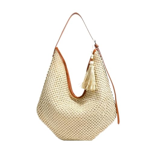 WTAXBH Gewebte Tasche Große Kapazität Stroh Weben Schultertaschen Reißverschluss Einfache Nähgarn Modische Einkaufstasche(Beige) von WTAXBH