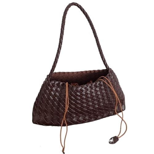 WTAXBH Gewebte Tasche Handgewebte PU-Damentasche, Gemüsekorb-Segelboot-Eimertasche, lässige Urlaubshandtasche, Umhängetasche(Choco) von WTAXBH