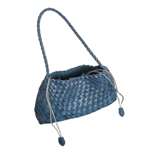 WTAXBH Gewebte Tasche Handgewebte PU-Damentasche, Gemüsekorb-Segelboot-Eimertasche, lässige Urlaubshandtasche, Umhängetasche(Dark blue) von WTAXBH