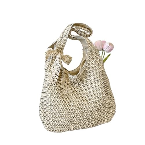 WTAXBH Gewebte Tasche Mode Rattan Frauen Schulter Taschen Gewebte Weibliche Handtaschen Große Kapazität Sommer Strand Stroh Taschen Casual Tote Geldbörsen(Beigeaddribbon) von WTAXBH
