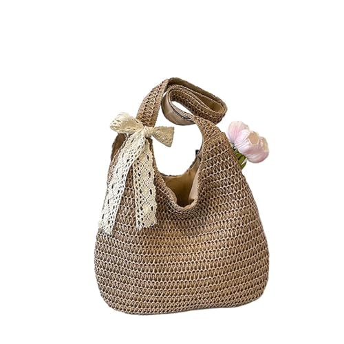 WTAXBH Gewebte Tasche Mode Rattan Frauen Schulter Taschen Gewebte Weibliche Handtaschen Große Kapazität Sommer Strand Stroh Taschen Casual Tote Geldbörsen(Khakiaddribbon) von WTAXBH