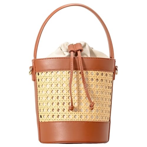 WTAXBH Gewebte Tasche Sommer Hohle Umhängetasche Stroh Strandtasche Einkaufstasche PU Leder Eimer Tasche Urlaub Reise Handtasche for Frauen(Brown) von WTAXBH