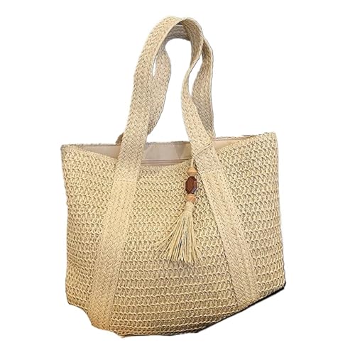 WTAXBH Gewebte Tasche Sommer Stroh Damen Tasche Handgewebte Handtaschen Handgemachte Raffia Strand Schultertasche Große Einkaufstasche Quaste Einkaufstaschen(Beige) von WTAXBH
