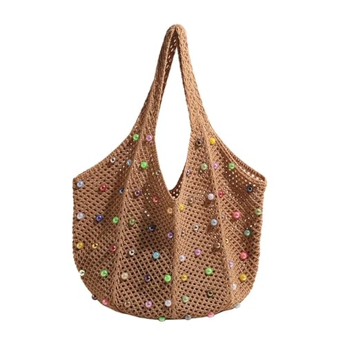 WTAXBH Gewebte Tasche Stilvolle Strandhandtasche am Meer, gewebte Tragetasche im Urlaub, ausgehöhlte Unterarm-Schultertasche mit Sommerperlen for den täglichen Gebrauch von Frauen(Khaki) von WTAXBH
