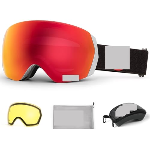 Winter Goggles Ski Goggles Men Women Anti-fog Ski Eyewear Snow Glasses Adult Snowboard Goggle with Night Yellow Lens and Case Set(Silver red set) von WTAXBH