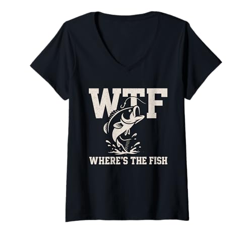 Damen WTF Where's The Fish Herren Lustiges Angeln T-Shirt mit V-Ausschnitt von WTF Where's The Fish Men's Fishing Tshirtoftheyear