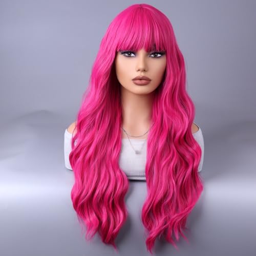 WTHCOS Hot Pink Perücke für Damen, lang, lockig, gewellt, warmes Rosa, Perücke mit Pony, Rosa, Neonrosa, Perücke, Magenta, synthetische Perücke, hitzebeständig WTHCOS Hot Pink Perücke für Damen, lang, lockig, gewellt, warmes Rosa, Perücke mit Pony, Rosa, Neonrosa, Perücke, Magenta, synthetische Perücke, hitzebeständig von WTHCOS