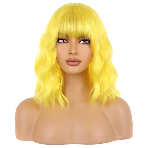 WTHCOS Kurze gelbe Bob-Perücke mit Pony, für Damen, hellgelb, gelockt, gewellt, hitzebeständig, synthetische Perücke WTHCOS Kurze gelbe Bob-Perücke mit Pony, für Damen, hellgelb, gelockt, gewellt, hitzebeständig, synthetische Perücke von WTHCOS