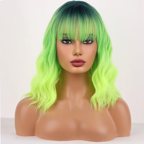 WTHCOS Perücke, Neongrün, lockig, kurz, mit Pony, Ombré-Perücke für Damen, kurze Wellenperücke, Limettengrün, synthetische Perücken für Cosplay, Kostüm, Party mit Gor WTHCOS Perücke, Neongrün, lockig, kurz, mit Pony, Ombré-Perücke für Damen, kurze Wellenperücke, Limettengrün, synthetische Perücken für Cosplay, Kostüm, Party mit Gor von WTHCOS