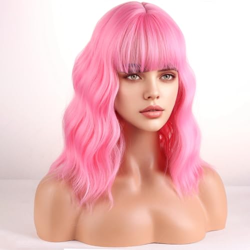 WTHCOS Rosa Perücke, kurz, lockig, mit Pony, hellrosa, für Damen, Kurzwelle, synthetische Perücke, für Cosplay, Party, mit Perückenkappe WTHCOS Rosa Perücke, kurz, lockig, mit Pony, hellrosa, für Damen, Kurzwelle, synthetische Perücke, für Cosplay, Party, mit Perückenkappe von WTHCOS