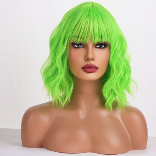 Wthcos Neongrüne Perücke, kurze Bob-Perücke, kurz, grüne Perücken für Frauen, limettengrüne Perücke, lockige und wellige Perücke mit Pony, hitzebeständige Kunsthaar-Perücken für den Gebrauch von WTHCOS