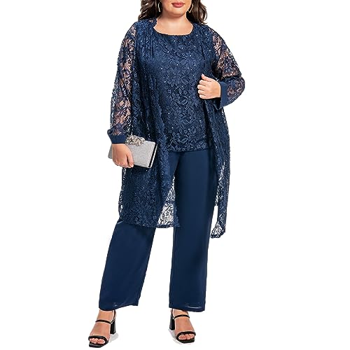 Plus Size Elegante Mutter der Braut Hose Anzüge Chiffon Hose mit Frauen Tank Top und Pailletten Spitze Jacke Abendkleid, Blau, 54 von WTJIAPAI