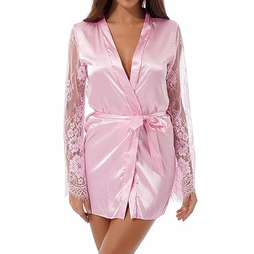 WTMFORU Kimono Nachthemd für Damen Morgenmäntel Frauen mit langen Spitzenärmeln Nachthemden Brautdessous für Brautjungfer Loungewear-Party Leichter Morgenmantel (Rosa) von WTMFORU