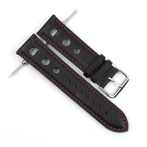 WTNZBAEM Leder handgefertigt Vintage Armband Uhrenarmband Gürtel 18mm 20mm 22mm Herren Armband hohl atmungsaktiv schwarz Uhrenarmband(Black-Red Wire,22mm) von WTNZBAEM