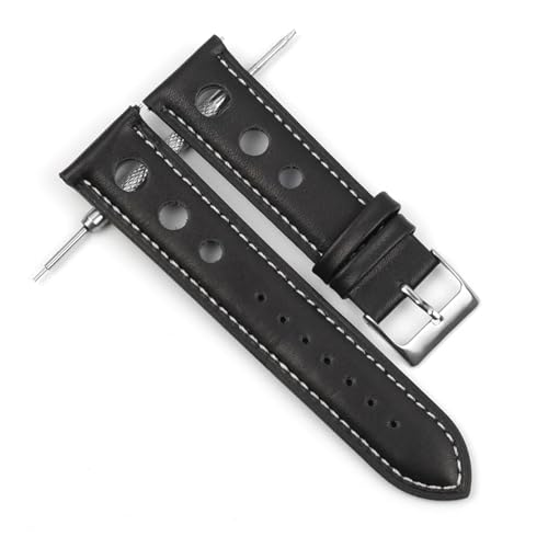 WTNZBAEM Leder handgefertigt Vintage Armband Uhrenarmband Gürtel 18mm 20mm 22mm Herren Armband hohl atmungsaktiv schwarz Uhrenarmband(Black-White Wire,22mm) von WTNZBAEM